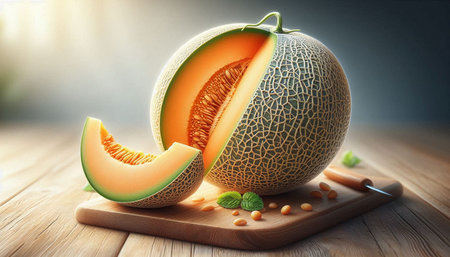 Melon with slices on cutting board on wooden table, closeup