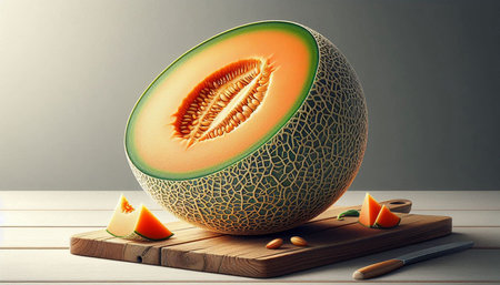 Melon with slices on a wooden board. 3d rendering.