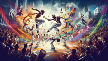Dancing people in the city. Mixed media. Mixed media. Mixed media
