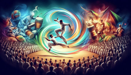 Dancing people in a circle. Conceptual image of music.