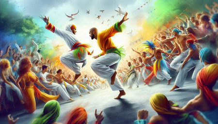 Dancing people in a music festival. Multicolored background.