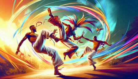 Dancing people in the desert. Colorful background. 3D rendering.