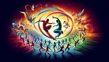 Dancing people in the form of a circle. Colorful background