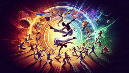 Conceptual image of dancing people with planet in the background.