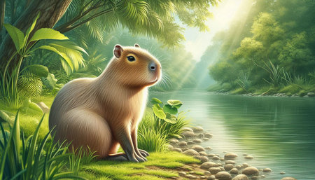 Capybara in the jungle. 3D render. Fantasy illustration.
