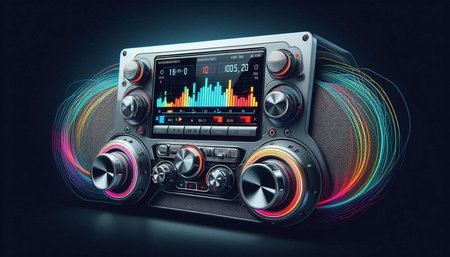 3d rendering of a radio receiver with colorful lights on black background