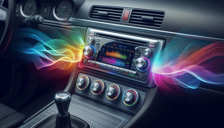 3D rendering of a car steering wheel with colourful lights in the background