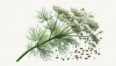 Fresh dill and seeds on a white background. Hand drawn illustration.