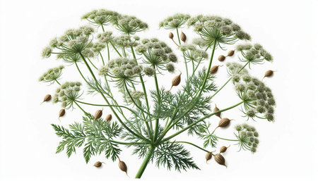 Dill inflorescence with seeds isolated on white background. Top view.