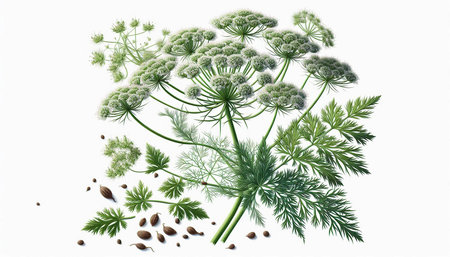 3d rendering of dill with seeds isolated on white background.