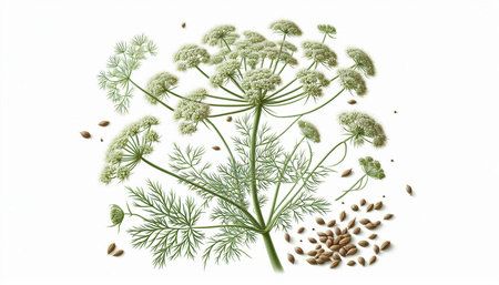 Dill and seeds on a white background. 3D illustration.