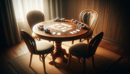 Poker table with chips and chairs in the room. 3d rendering