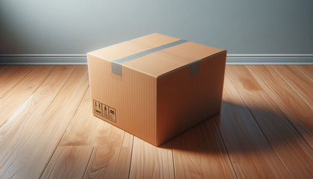 Cardboard box on wooden floor in empty room. 3D rendering