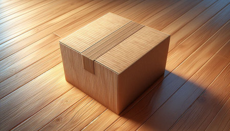 Cardboard box on a wooden floor. 3D render image.