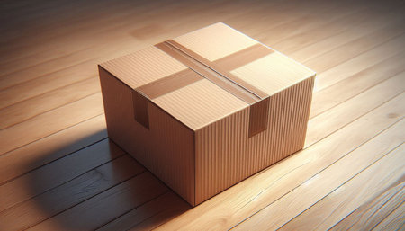 Brown cardboard box on the wooden floor. 3d illustration. Shallow depth of field