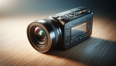Digital camera on a wooden background. 3d rendering toned image