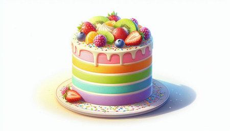 Birthday cake with fruits on a white background. Vector illustration.