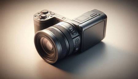 Digital SLR camera on a light background. Toned image.