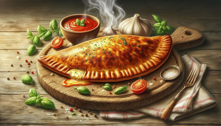 Traditional georgian khachapuri with tomato sauce and basil on wooden background