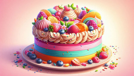 Colorful birthday cake decorated with fruits and berries, 3d illustration
