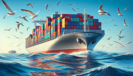 Container ship in the sea with seagulls. 3D rendering