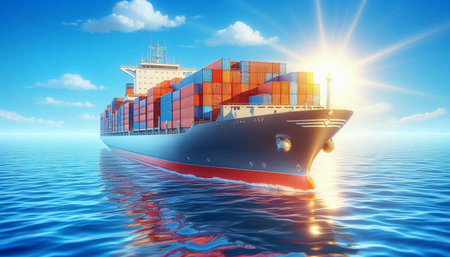Cargo ship in the sea. 3d render. Clip-art