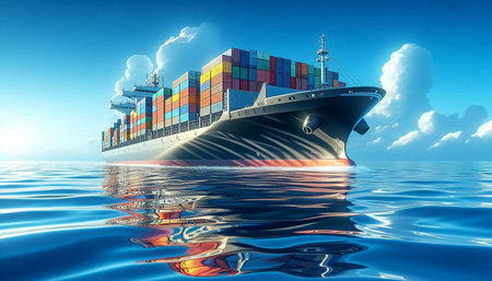 Container Ship in the sea. 3d render illustration with transparent water.