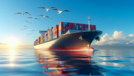 Container ship with seagulls in the sea. 3d render