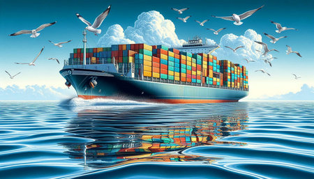 Cargo ship with seagulls in the sea. 3D rendering
