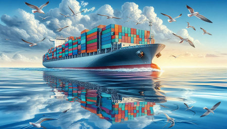 Container ship with seagulls in the sea. 3D rendering