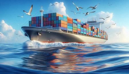 Cargo ship in sea with flying seagulls, 3d illustration
