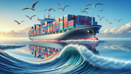 Container ship and seagulls in the sea. Shipping concept