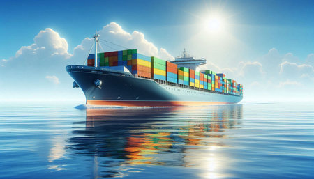 Container ship in the sea on a sunny day. 3d rendering