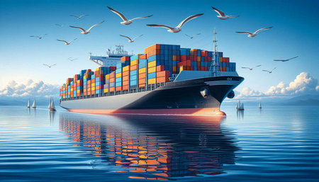 Cargo ship with seagulls on the background of the sea