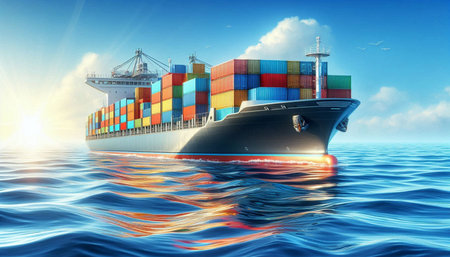 Cargo ship in the sea with blue sky background. 3d rendering