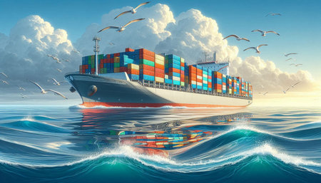Container ship in the sea with seagulls. 3D rendering