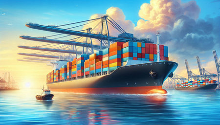 Container Cargo freight ship with working crane bridge at sunset for Logistic Import Export...