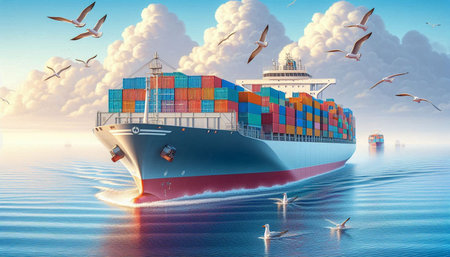 Cargo ship with seagulls in the sky. 3D rendering