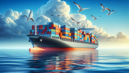 Cargo ship in the sea with seagulls and birds