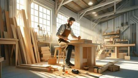 Carpenter working in his workshop. 3D rendering. Wooden furniture.