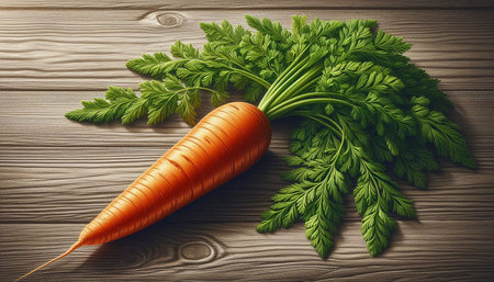 Carrot with leaves on wooden background. Vintage style toned picture