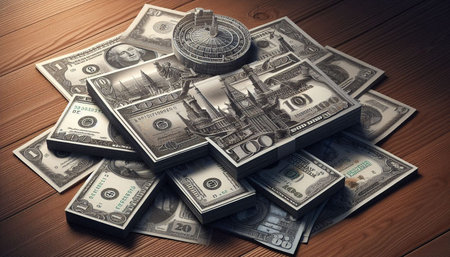 Time is money concept. Money stack on wooden background. 3d illustration