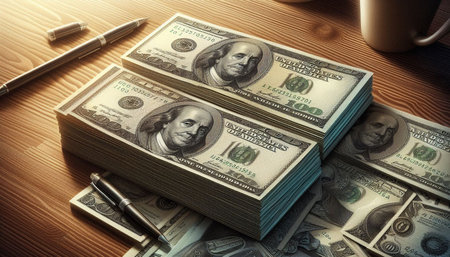 Close up view of hundred dollar bills with pen and coffee cup on wooden table