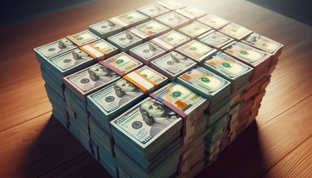 Stack of dollars on wooden table. Business concept. 3D Rendering