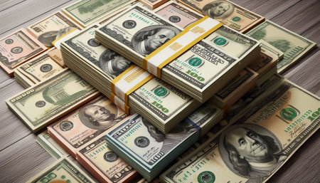 heap of dollar banknotes on wooden background, financial concept.