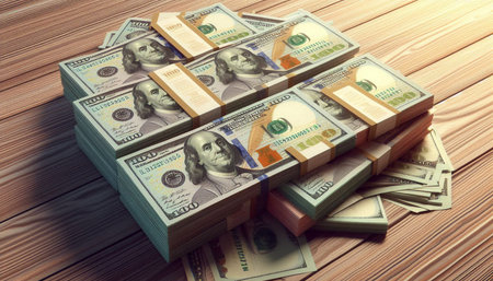 Dollars stacked on a wooden table. 3d illustration.
