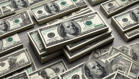 Hundred dollar bills on a wooden table background. 3d illustration