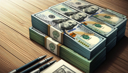 Dollars and pen on a wooden table. 3d render
