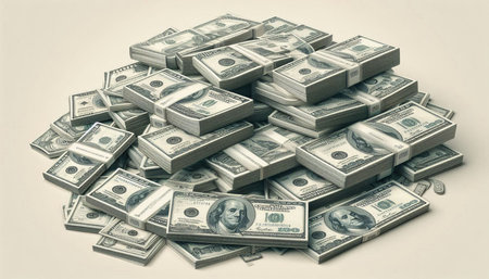 Heap of one hundred dollar bills on white background. Toned.