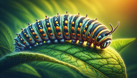 Caterpillar on a green leaf. 3d render illustration.